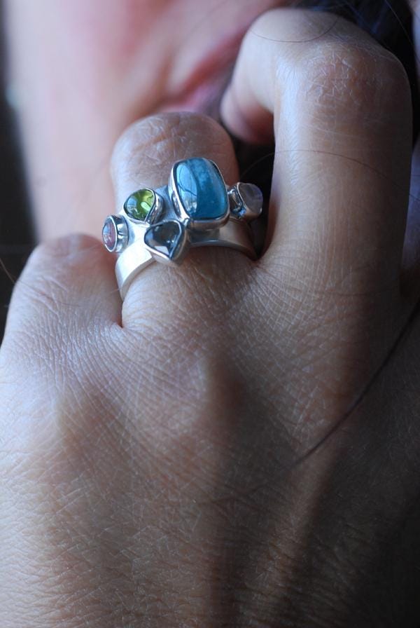 Vittoria Stacking Rings Tourmaline, Peridot, Moonstone, And Aquamarine