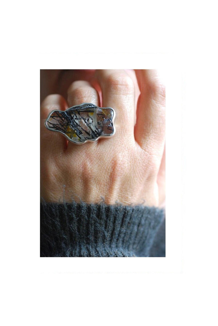 Magic Cloud Mineral Ring Black Rutile Tourmalinated Quartz