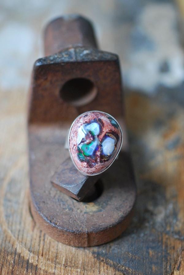 Dollybird Black Fire Opal Swirl Ring Rainbow Opal