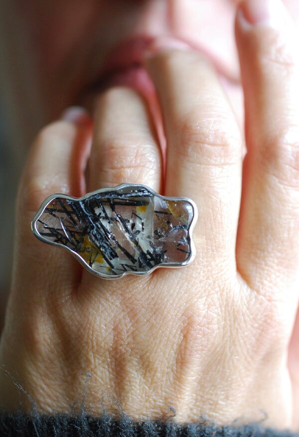 Magic Cloud Mineral Ring Black Rutile Tourmalinated Quartz