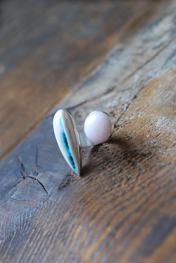 Pink Opal And Dendritic Opal Wood Cuff Ring