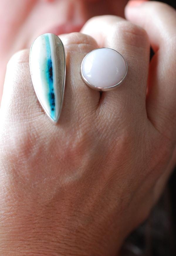 Pink Opal And Dendritic Opal Wood Cuff Ring