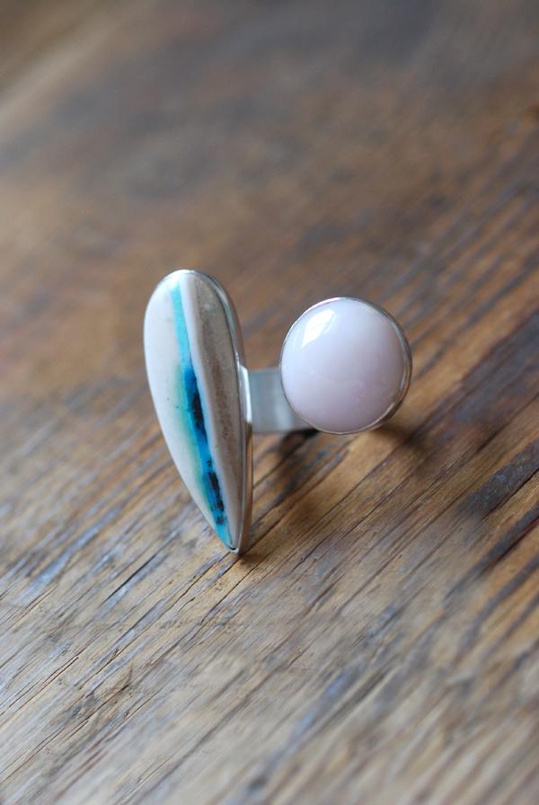Pink Opal And Dendritic Opal Wood Cuff Ring