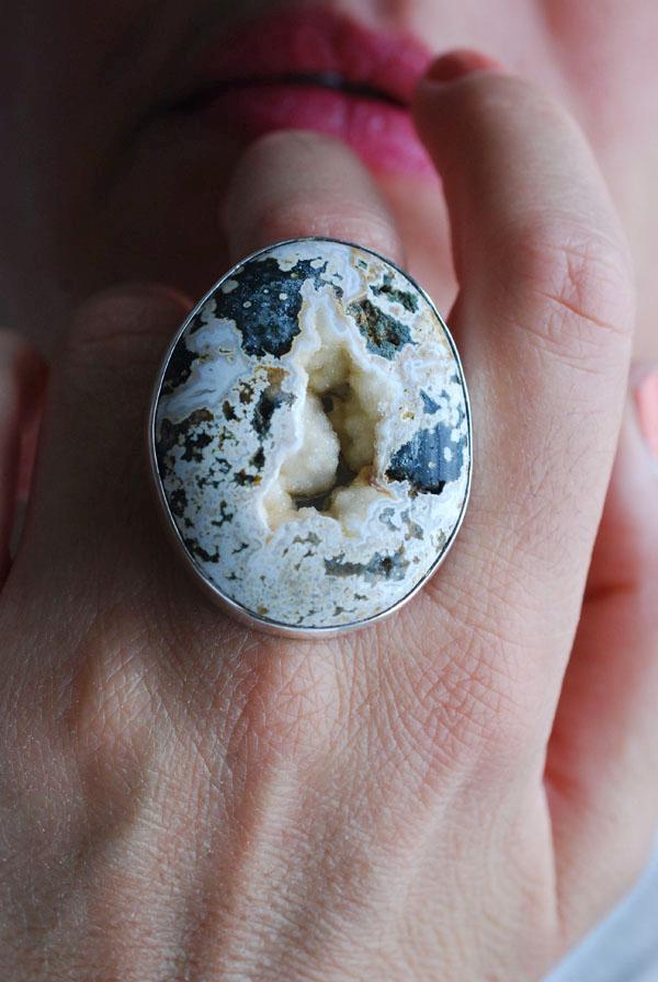 Spring Bounty Ring Drusy Crystal Pocket Ocean Jasper