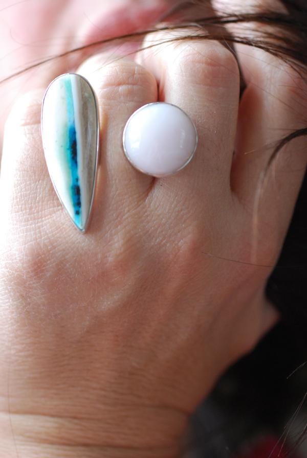 Pink Opal And Dendritic Opal Wood Cuff Ring