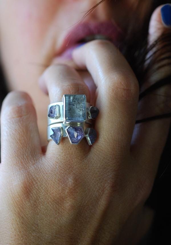 Black Rutile Needles And Spinel Cluster Ring