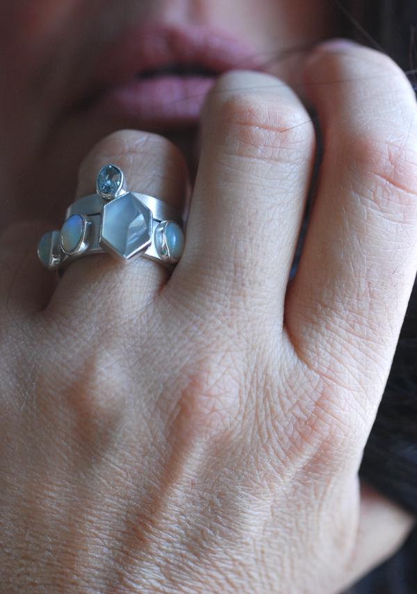 Vittoria Stacking Rings Grey Moonstone, Opal, And Aquamarine