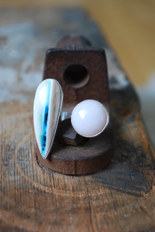 Pink Opal And Dendritic Opal Wood Cuff Ring