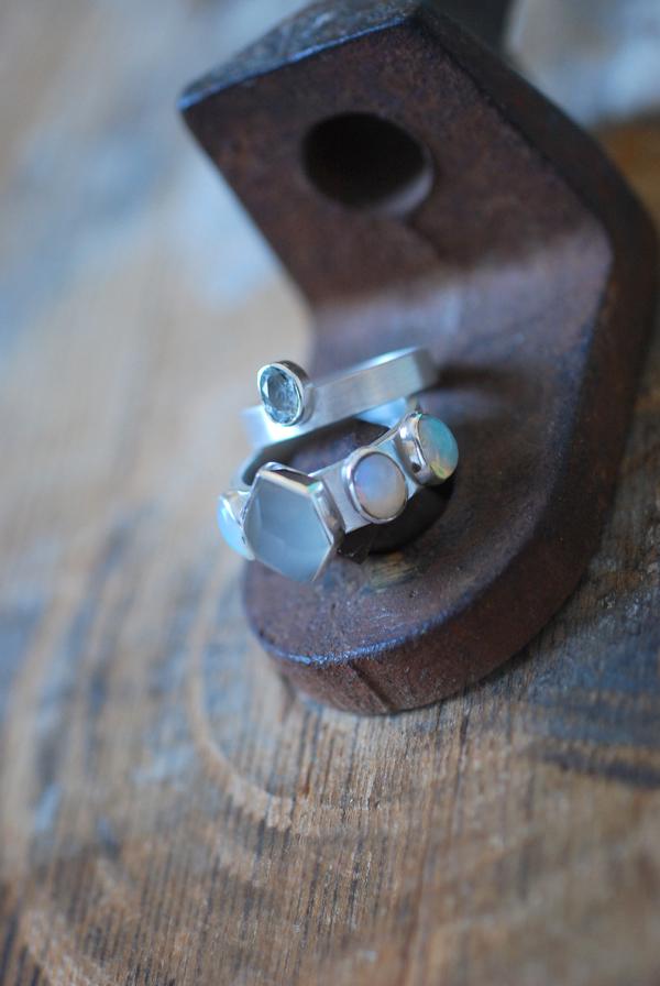 Vittoria Stacking Rings Grey Moonstone, Opal, And Aquamarine