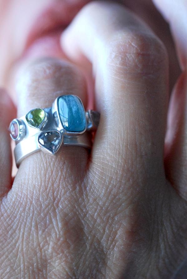 Vittoria Stacking Rings Tourmaline, Peridot, Moonstone, And Aquamarine