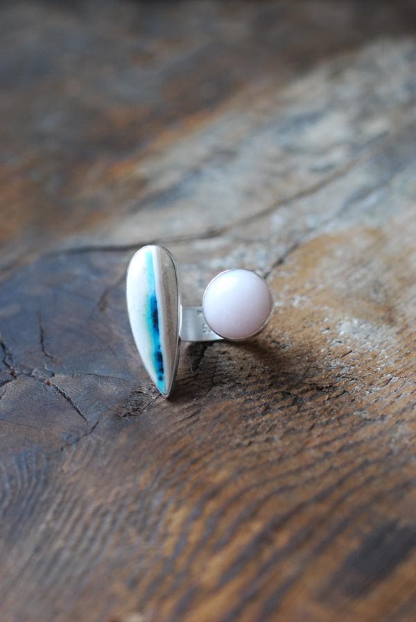 Pink Opal And Dendritic Opal Wood Cuff Ring