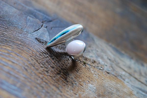 Pink Opal And Dendritic Opal Wood Cuff Ring