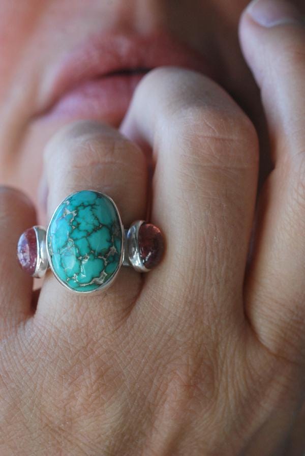 American Turquoise And Pink Tourmaline Cloister Ring