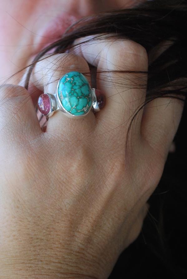 American Turquoise And Pink Tourmaline Cloister Ring