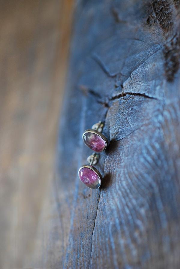 Bi-Color Pink Tourmaline Sterling Gem Studs
