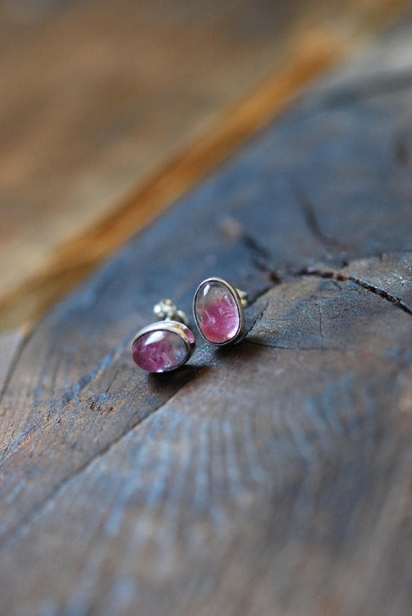 Bi-Color Pink Tourmaline Sterling Gem Studs