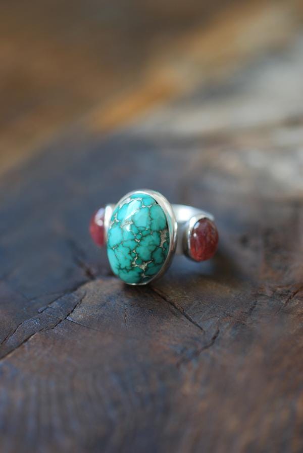 American Turquoise And Pink Tourmaline Cloister Ring