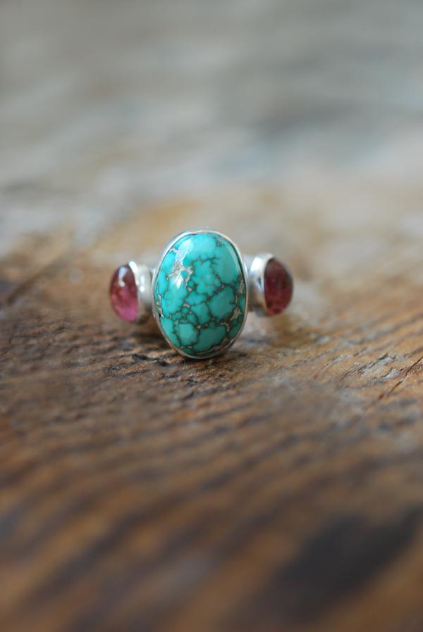 American Turquoise And Pink Tourmaline Cloister Ring