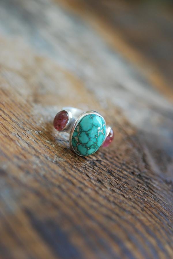American Turquoise And Pink Tourmaline Cloister Ring