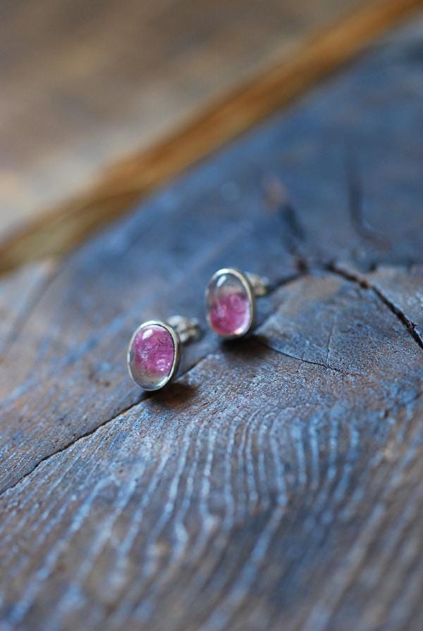 Bi-Color Pink Tourmaline Sterling Gem Studs