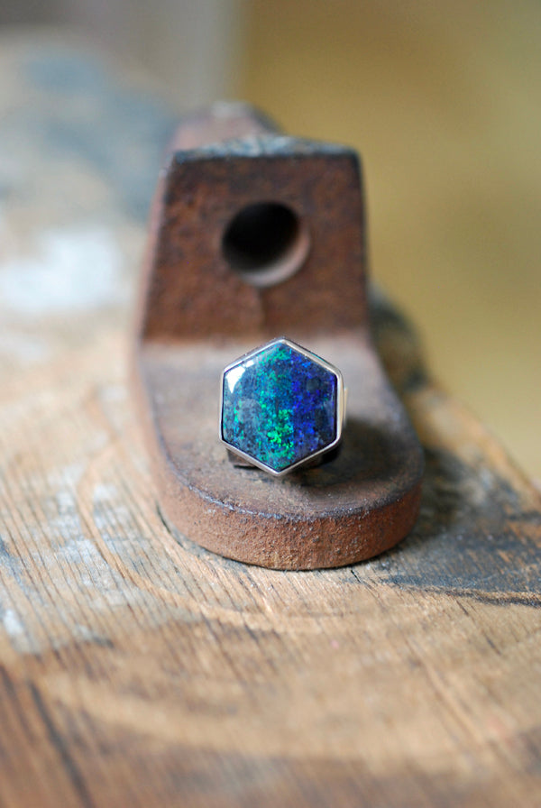 Painted Lady Ring Black Andamooka Opal