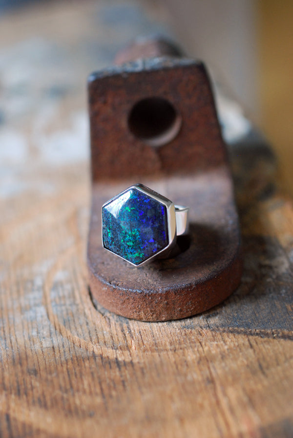 Painted Lady Ring Black Andamooka Opal