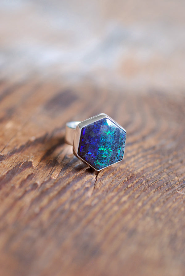 Painted Lady Ring Black Andamooka Opal