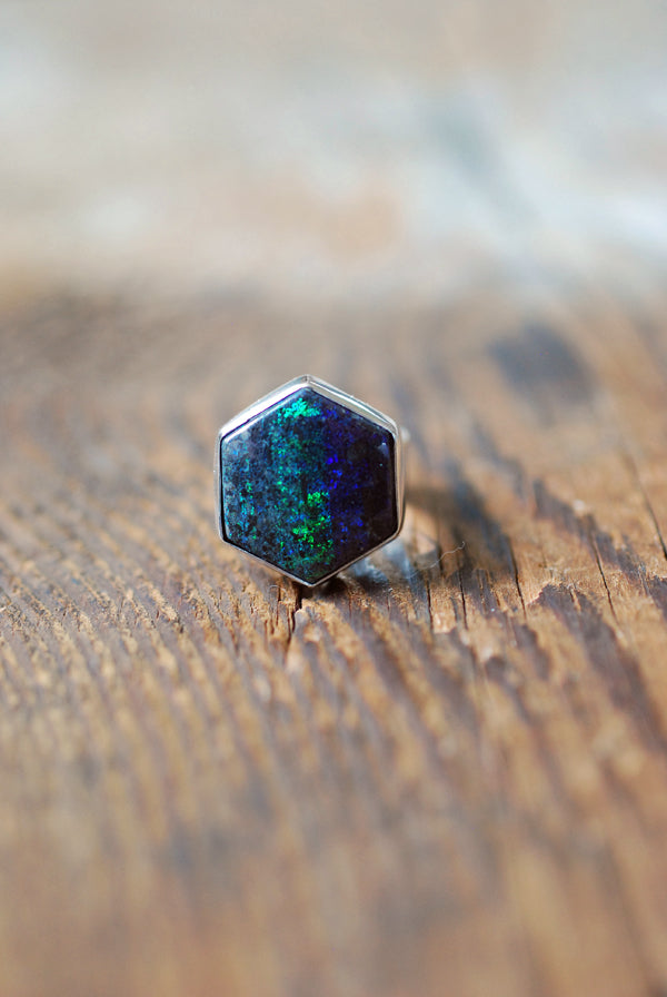Painted Lady Ring Black Andamooka Opal