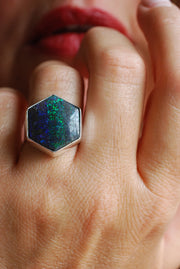 Painted Lady Ring Black Andamooka Opal