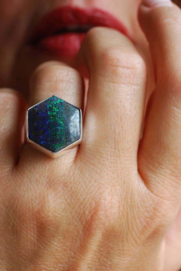 Painted Lady Ring Black Andamooka Opal
