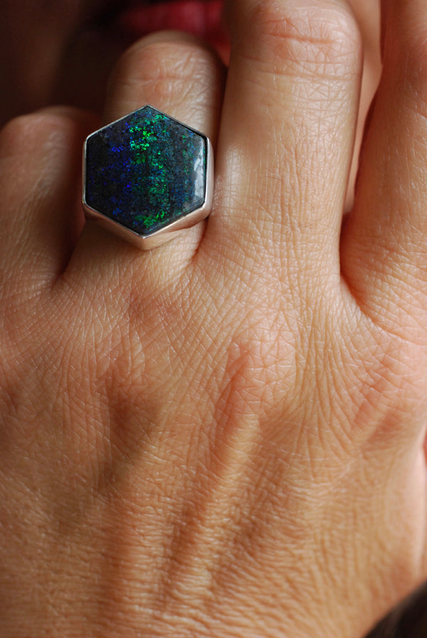 Painted Lady Ring Black Andamooka Opal
