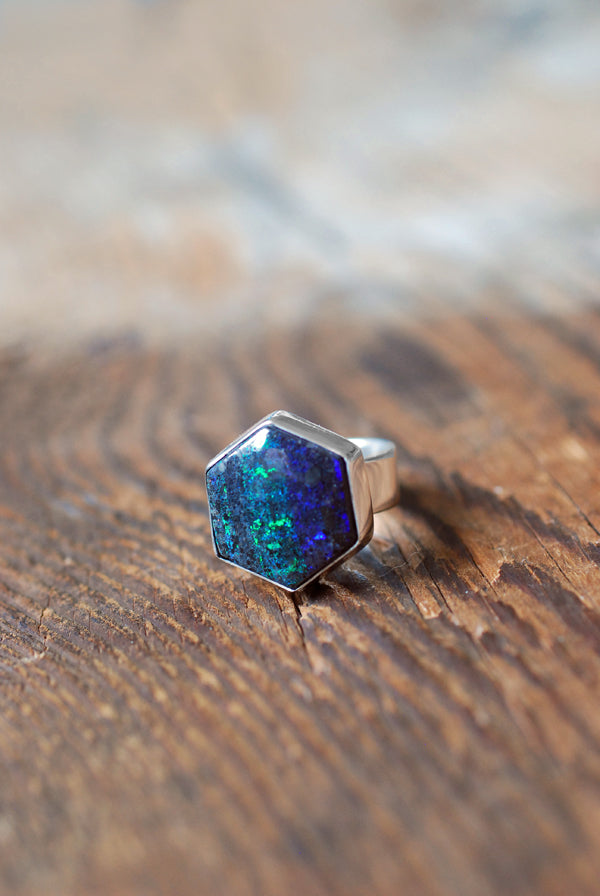Painted Lady Ring Black Andamooka Opal