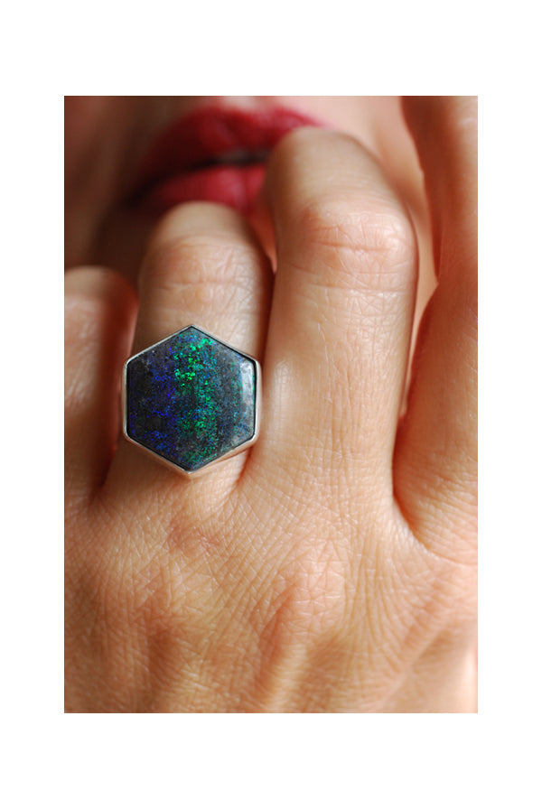 Painted Lady Ring Black Andamooka Opal