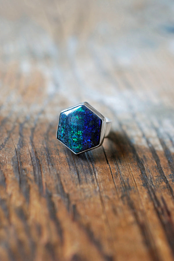 Painted Lady Ring Black Andamooka Opal