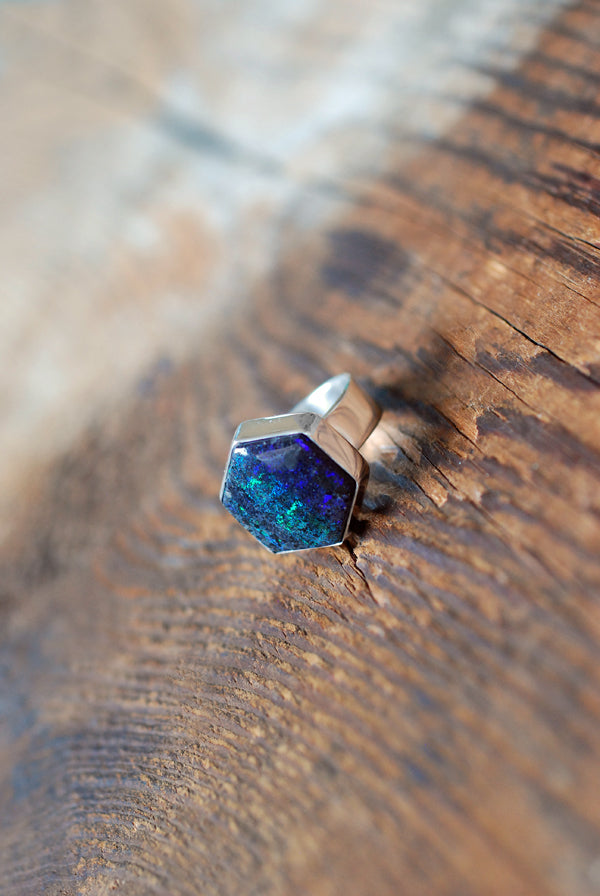 Painted Lady Ring Black Andamooka Opal