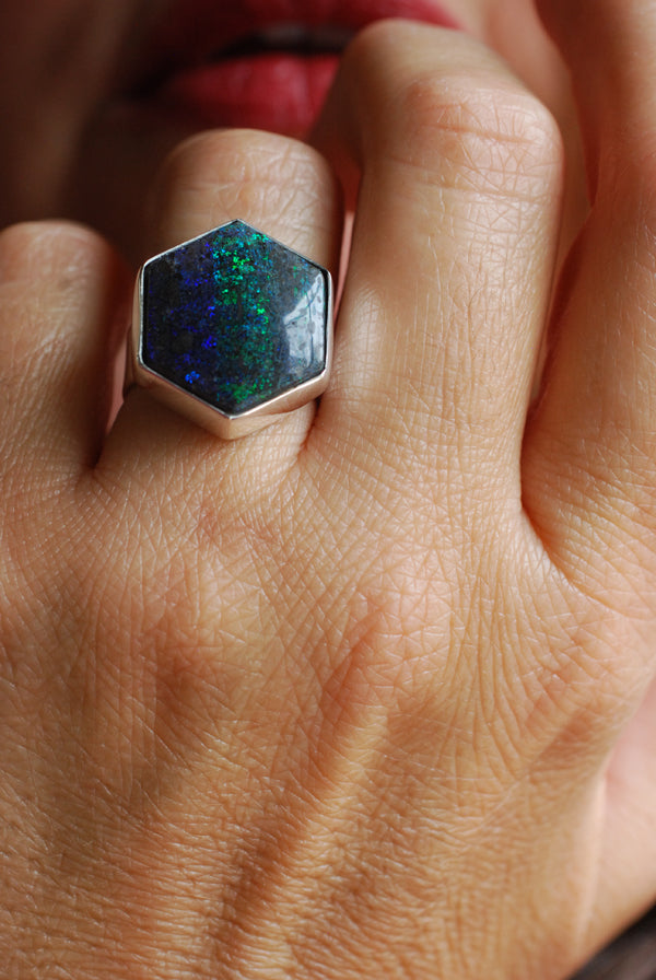 Painted Lady Ring Black Andamooka Opal