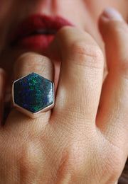 Painted Lady Ring Black Andamooka Opal