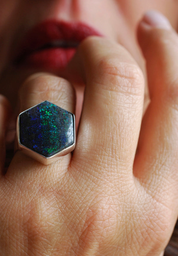 Painted Lady Ring Black Andamooka Opal