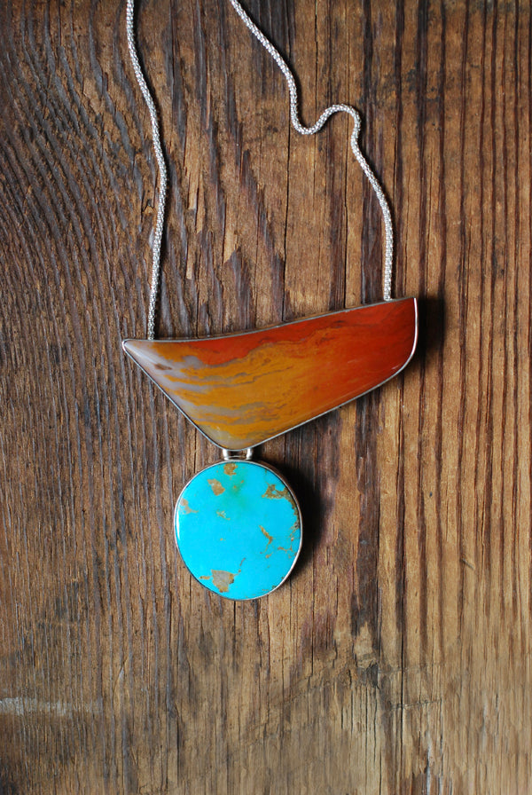 Autumn Blaze Necklace Glowing Old Stock Petrified Wood And Kingman Turquoise