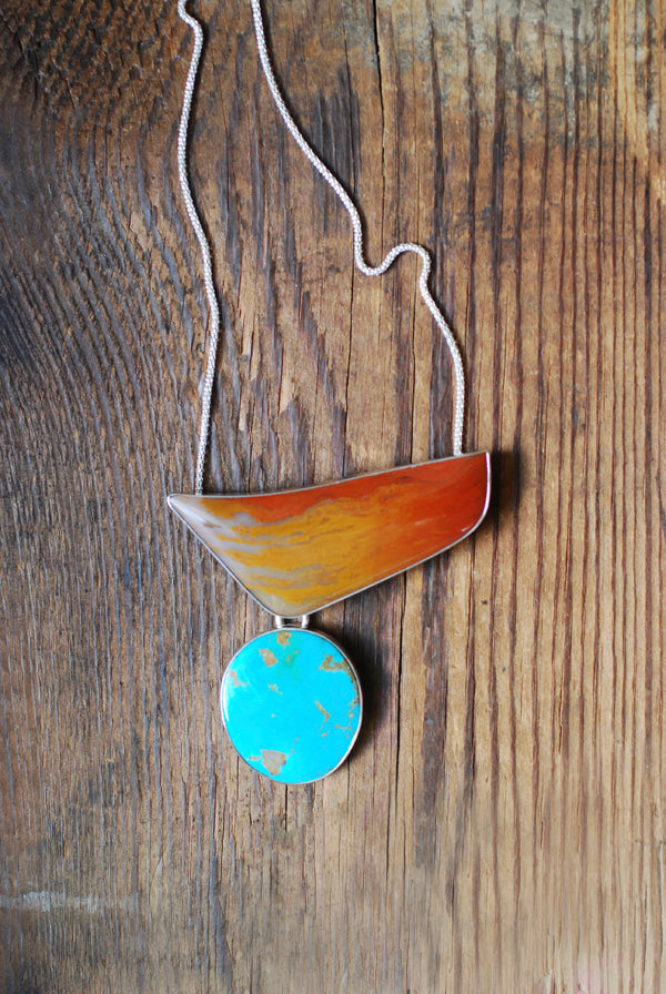 Autumn Blaze Necklace Glowing Old Stock Petrified Wood And Kingman Turquoise