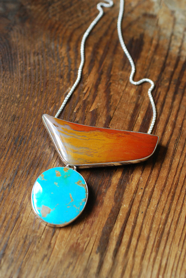 Autumn Blaze Necklace Glowing Old Stock Petrified Wood And Kingman Turquoise