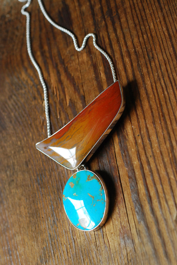 Autumn Blaze Necklace Glowing Old Stock Petrified Wood And Kingman Turquoise