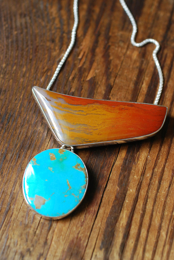 Autumn Blaze Necklace Glowing Old Stock Petrified Wood And Kingman Turquoise