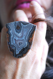 Earthline Ring Collector's Blue Grey Banded Statement Agate
