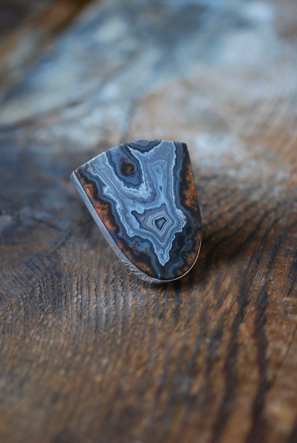 Earthline Ring Collector's Blue Grey Banded Statement Agate