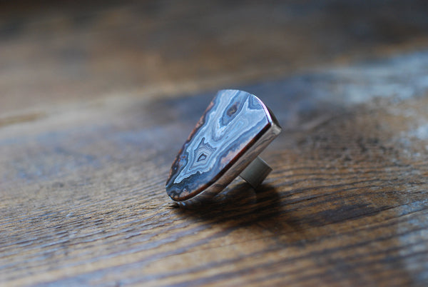 Earthline Ring Collector's Blue Grey Banded Statement Agate