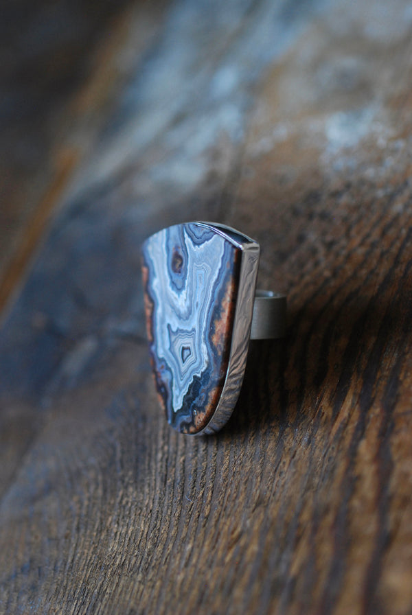 Earthline Ring Collector's Blue Grey Banded Statement Agate