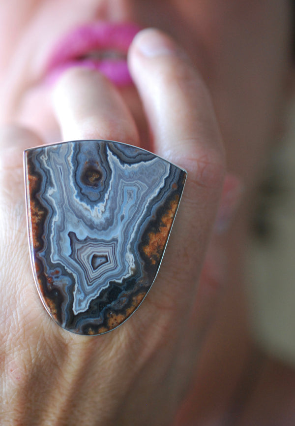 Earthline Ring Collector's Blue Grey Banded Statement Agate