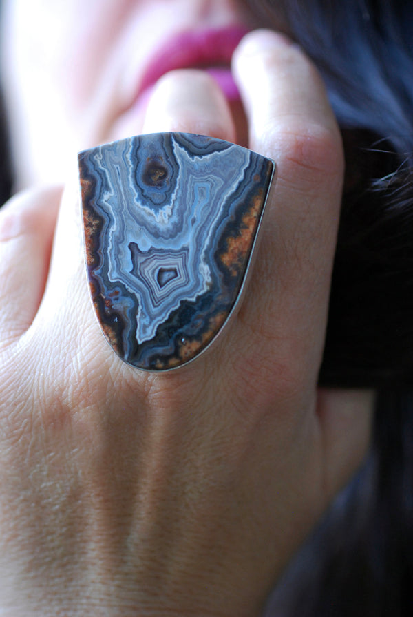 Earthline Ring Collector's Blue Grey Banded Statement Agate