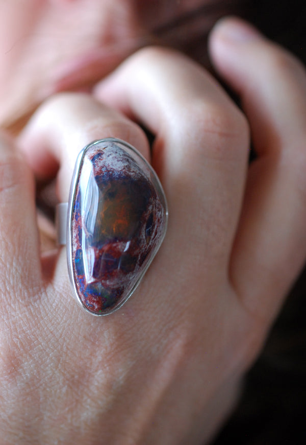 Raw Black Rainbow Fire Opal Statement Ring